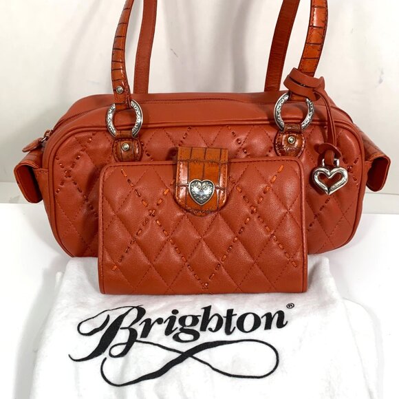 BRIGHTON Orange Leather Puffy Quilted Handbag Side Pockets, Wallet, Dustbag EUC - Picture 2 of 16